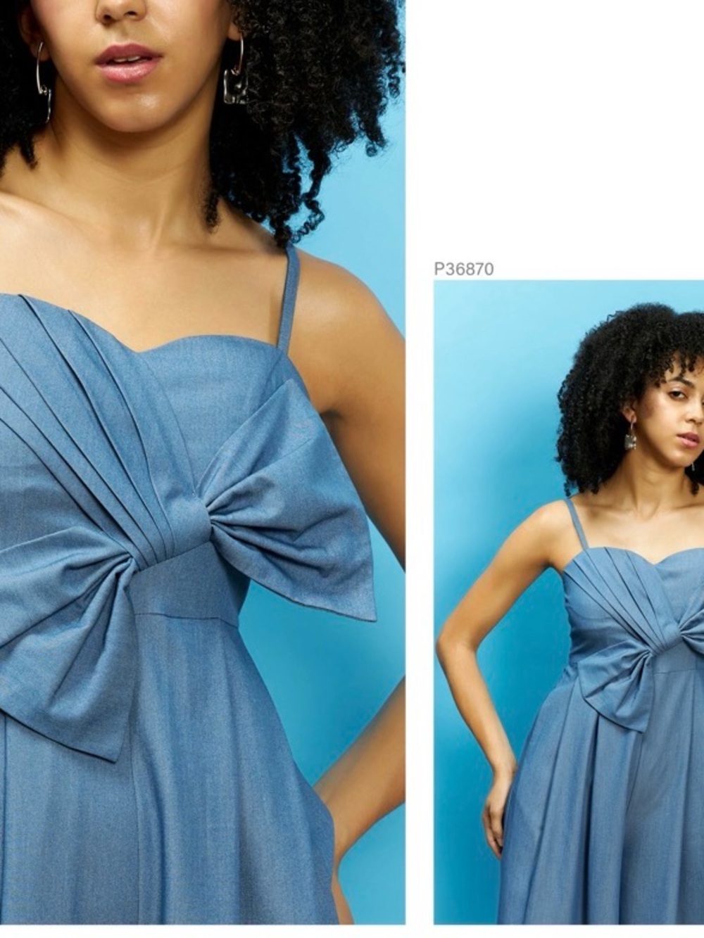 Blue Bow-Front Midi Dress with Spaghetti Straps